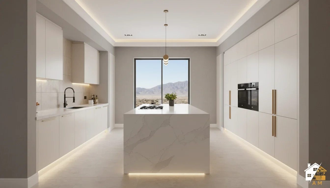 مطبخ مودرن أبيض بإضاءة LED — الماسة الألمانية خميس مشيط