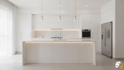 مطبخ مودرن أبيض بإضاءة LED بتصميم مشرق وفاخر