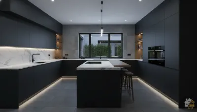 مطبخ مودرن أسود مات بتصميم فاخر ولمسات عصرية أنيقة